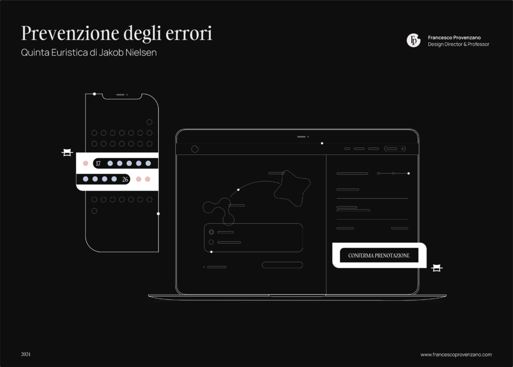 Francesco Provenzano illustra l’Euristica 5 di Jakob Nielsen, "Prevenzione degli Errori", con esempi di calendario che mostra giorni non selezionabili su app e un processo di conferma prenotazione su desktop per evitare errori critici.