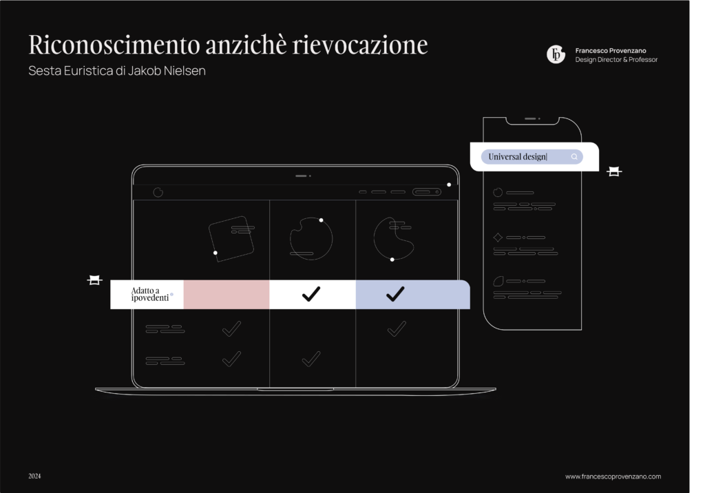 L’articolo di Francesco Provenzano sull’Euristica 6 di Jakob Nielsen, "Riconoscimento Piuttosto che Ricordo", include una barra di ricerca su app e una comparazione con una checklist su desktop, per ridurre il carico cognitivo dell’utente.