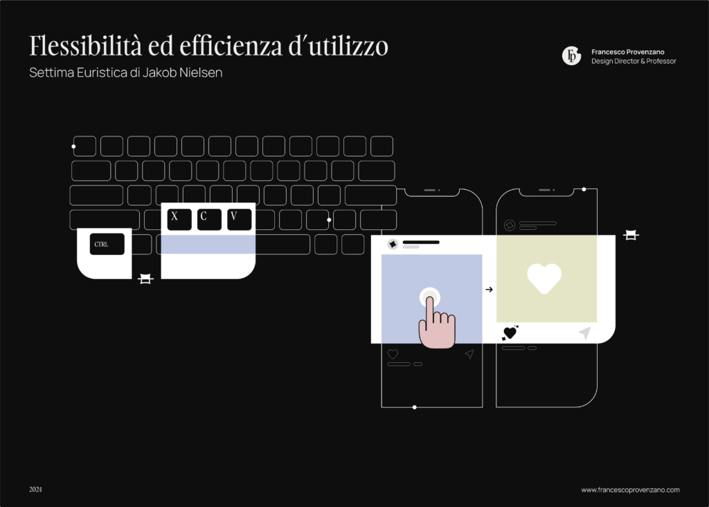 Francesco Provenzano spiega l’Euristica 7 di Jakob Nielsen, "Flessibilità ed Efficienza d’Uso", con esempi di scorciatoie da tastiera come Ctrl+C e doppio tap, evidenziando come il design possa soddisfare sia utenti esperti che principianti.