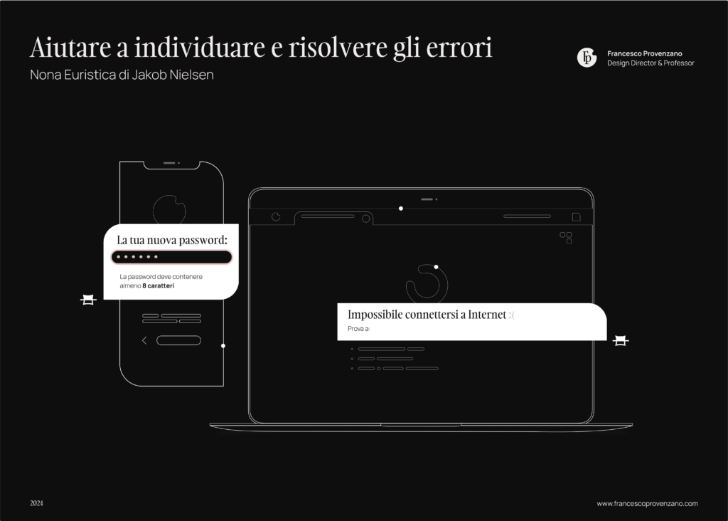 Francesco Provenzano illustra l’Euristica 9 di Jakob Nielsen, "Aiutare gli Utenti a Riconoscere, Diagnosticare e Correggere gli Errori", con messaggi di errore chiari su desktop e mobile che guidano l’utente nella correzione della password.