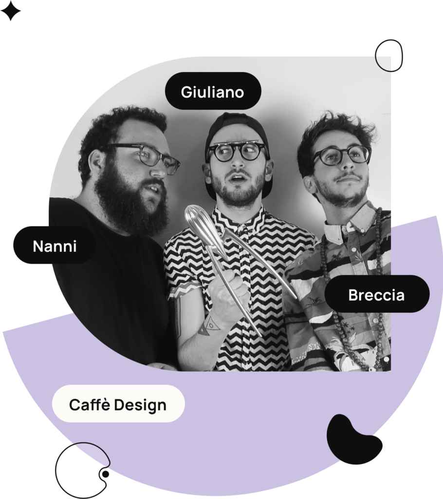 Immagine evocativa. composit con forme e foto di Nanni, Giuliano M. Guarini e Riccardo Brecciadel Team di Caffè design che parteciperà al Design Dialogue Festival. Stagione 3. Episodio 10
