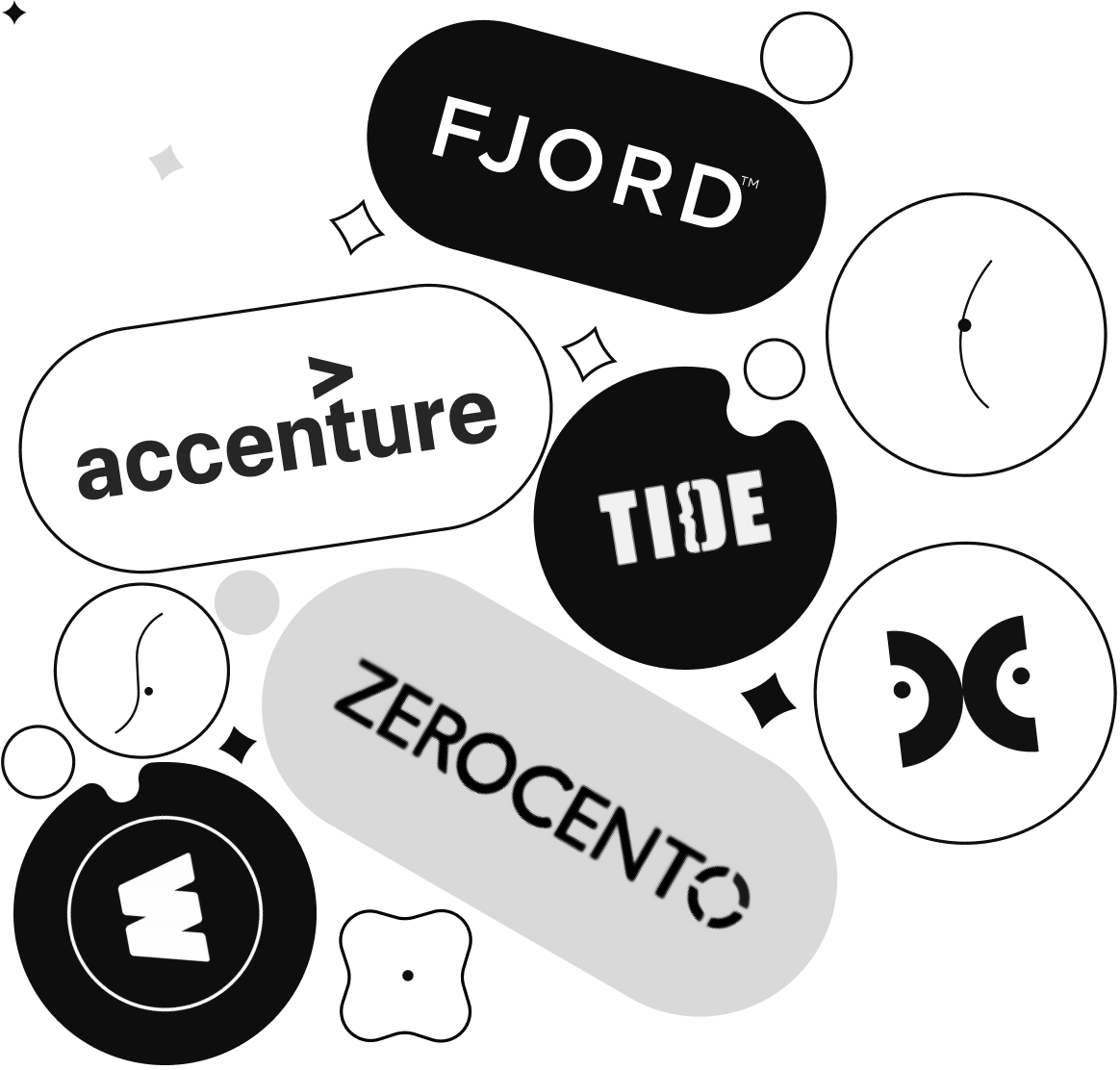 Immagine evocativa. Composit dei loghi di alcune aziende per le quali Francesco Provenzano è stato un creativo, con ruoli diversi. Zerocento, Enhancers, Domino Proudly interactive, Tide, Fjord e Accenture.